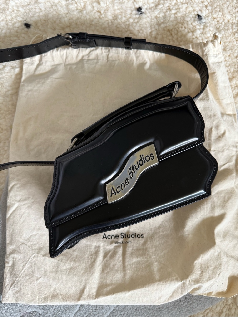 Acne Studios wavy Black distorted Leather Crossbody Bag Silver